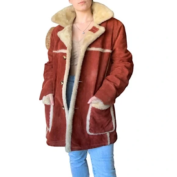 RARE vintage 70s burnt orange genuine suede Sherpa retro coat size XL - Picture 2 of 16